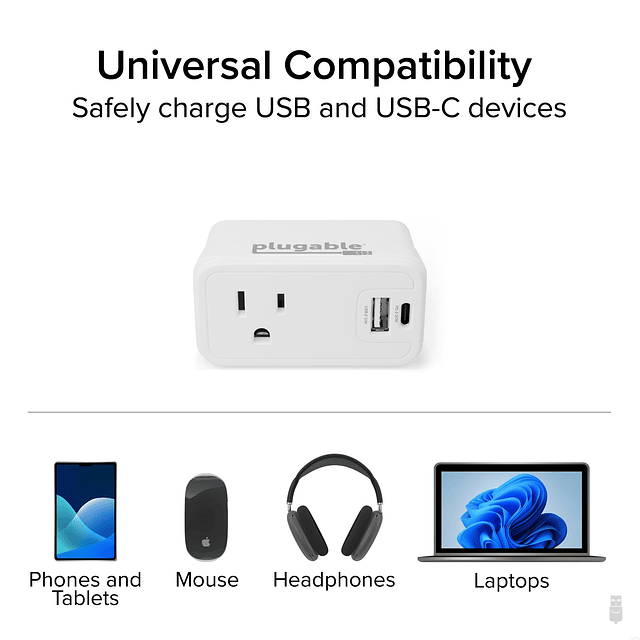 Extensor de toma de pared enchufable con 1 USB-C y 1 USB, bl