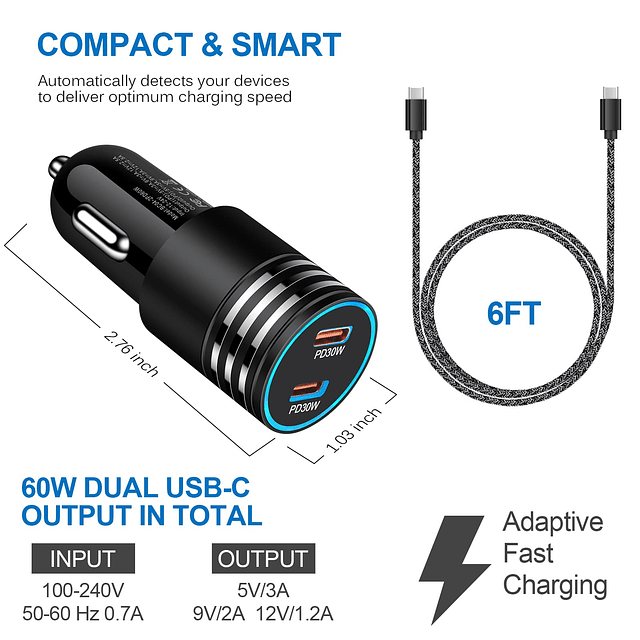 Cargador de coche USB C, adaptador de carga de coche súper r