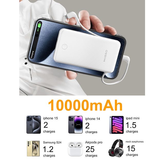 Ultra Slim 10000mAh Power Bank Cables incorporados y enchufe