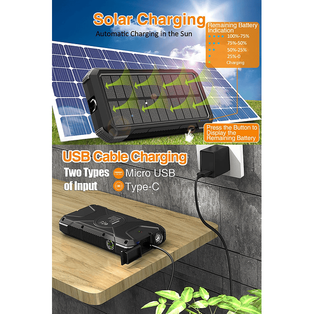 Cargador Solar Power Bank, Cargador de Teléfono Portátil de