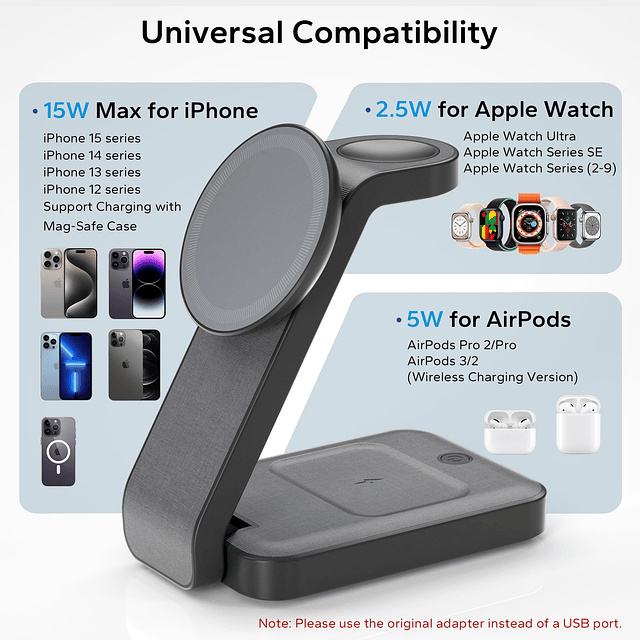 Estación de carga inalámbrica plegable 3 en 1 para MagSafe,