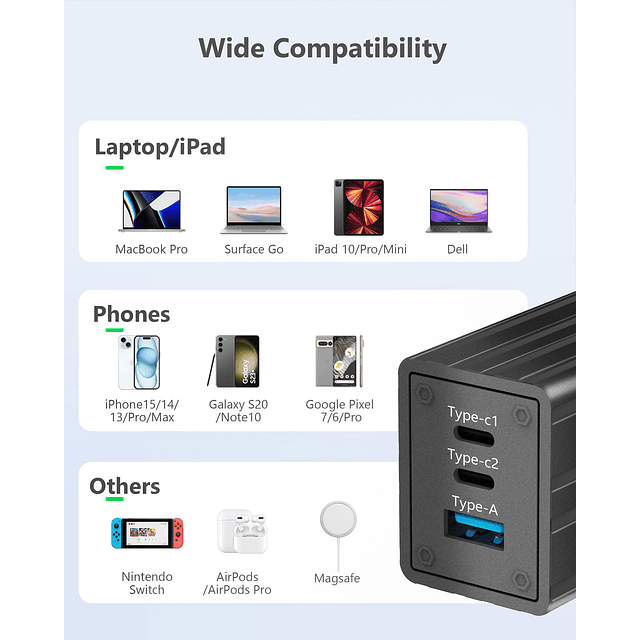 Cargador tipo C de 67 W, cargador rápido GaN de 3 puertos, a