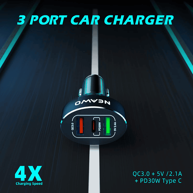 Cargador de Coche USB C, 60W Cargador de Coche de 3 Puertos