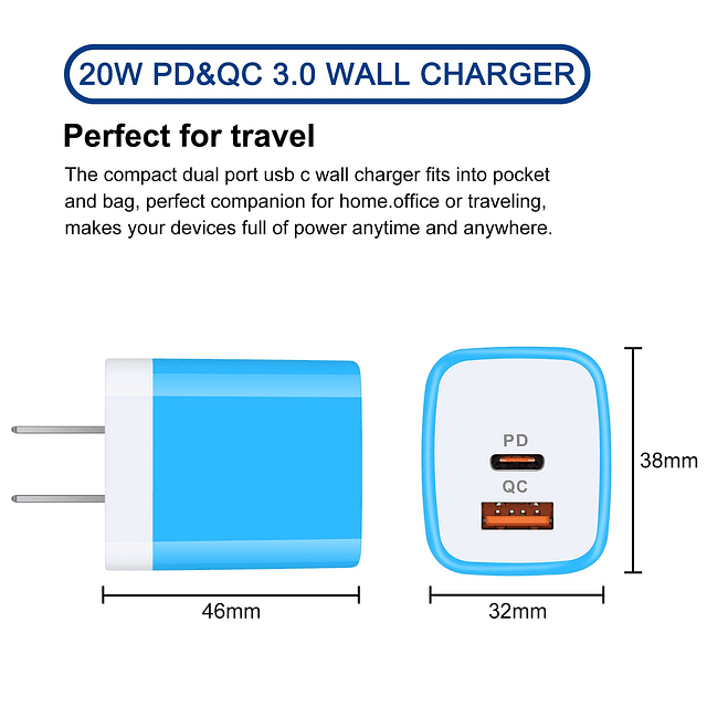 Cargador de pared USB C, 2 puertos 20 W USB A y USB C bloque