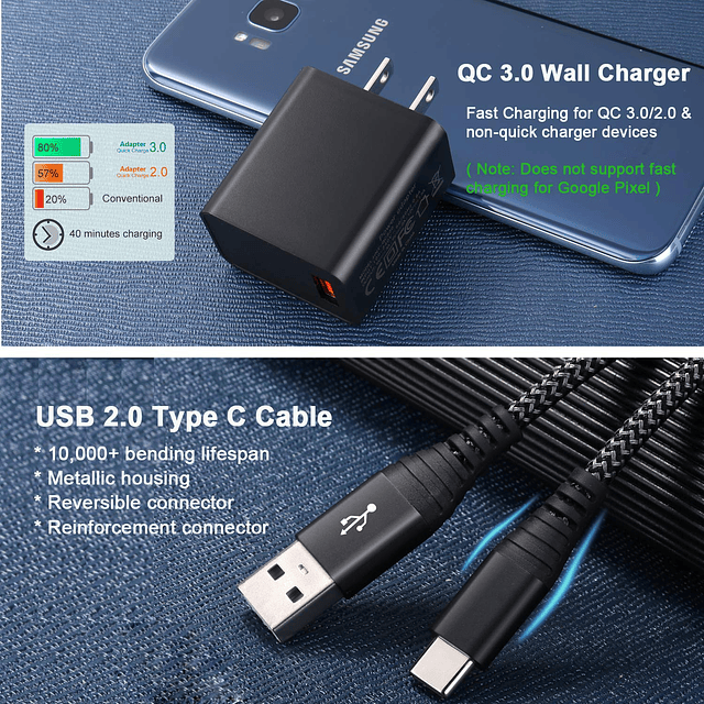 Bloque de carga rápida USB 3.0 con cable tipo C de 6 pies, c