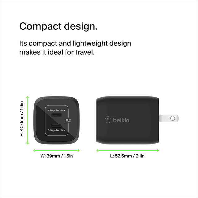 Cargador de pared dual USB-C de 65 W, carga rápida PD 3.0 co