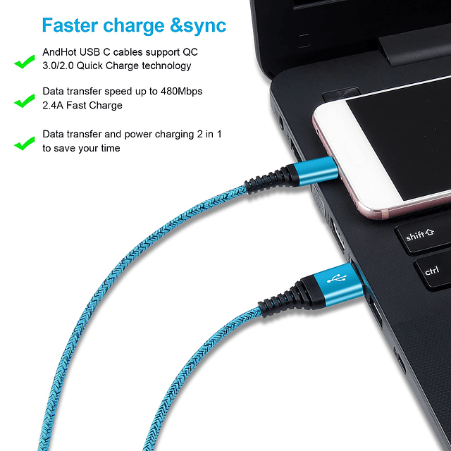 Cable de carga USB C de carga rápida tipo C, paquete de 5 ca