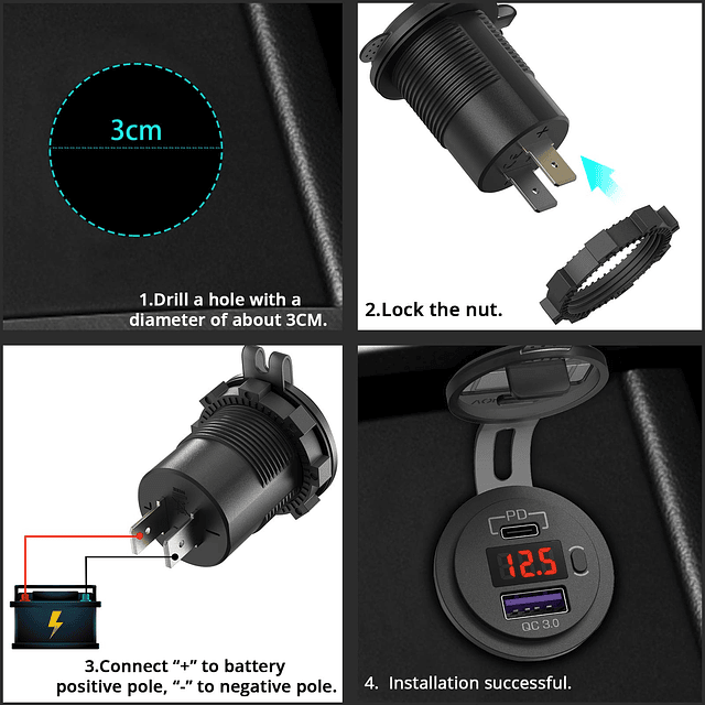 Cargador de coche USB C de 12 V, Dual PD y QC 3.0 puertos 12