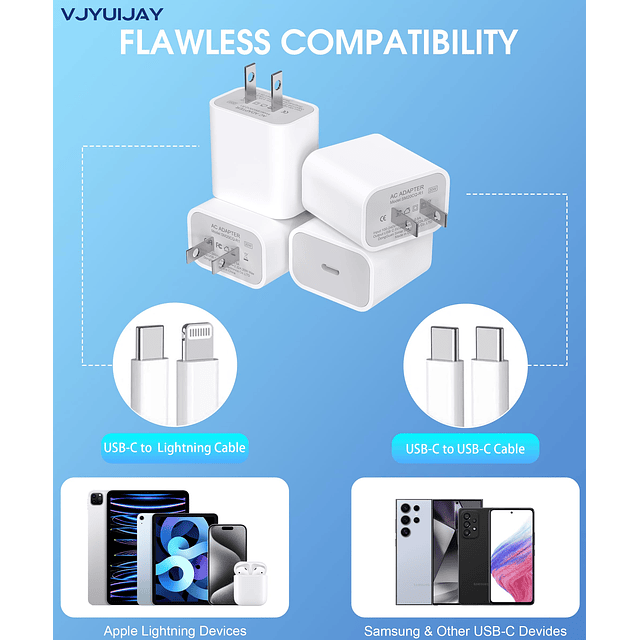 Paquete de 4 cargadores USB C de 20 W tipo C, carga rápida p