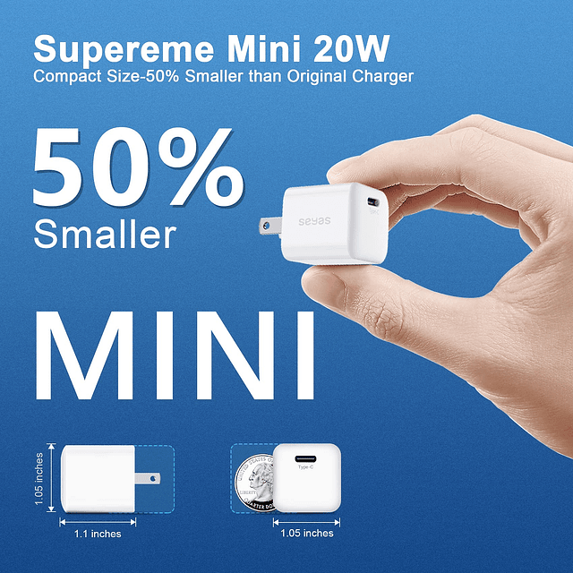 Cargador de pared USB C, Seyas 20 W Mini cargador rápido tip