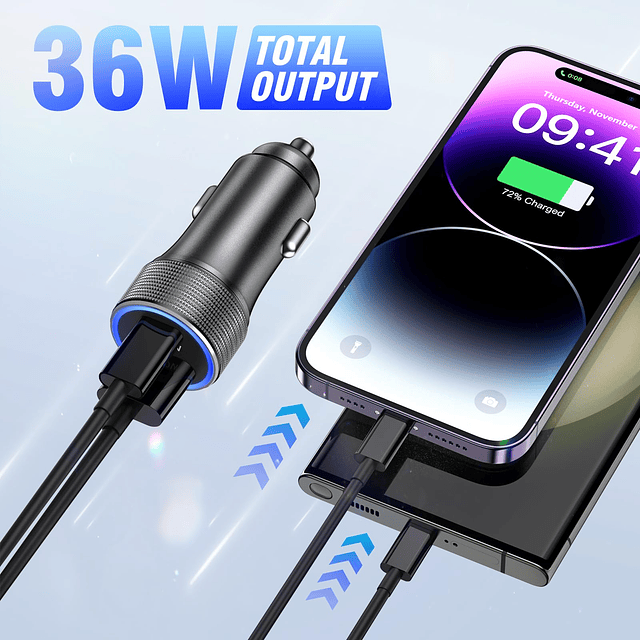 Cargador de coche USB C, 36 W/12 V USB cargador de teléfono