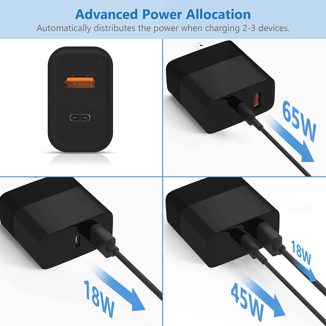 Cargador de pared USB C, adaptador de carga rápida de 65 W,