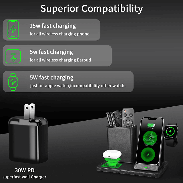 Escritorio de cuero negro Estación de carga 3 en 1 para iPho