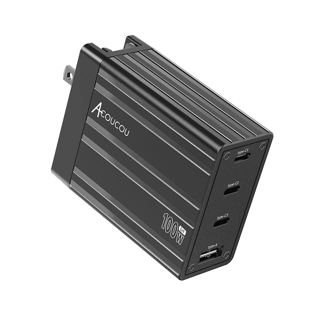 Cargador USB C de 100 W, cargador GaN de 4 puertos, bloque d