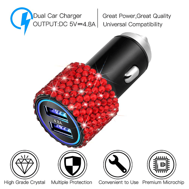 Cargador de coche dual USB, salida de 4,8 A, accesorios de d