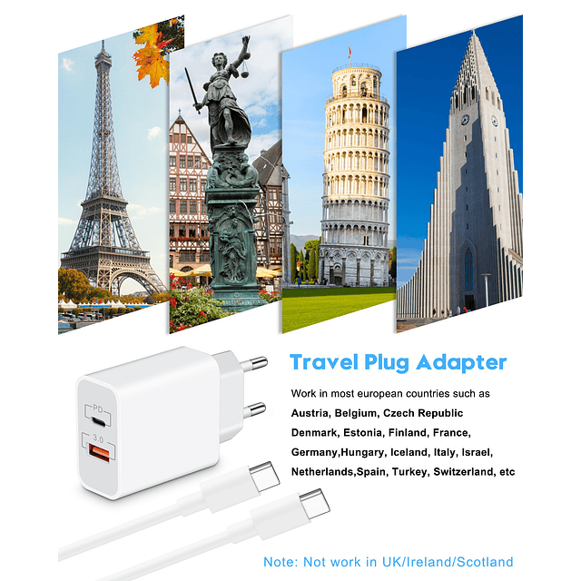 Adaptador de enchufe de viaje europeo rápido USB C de 20 W p