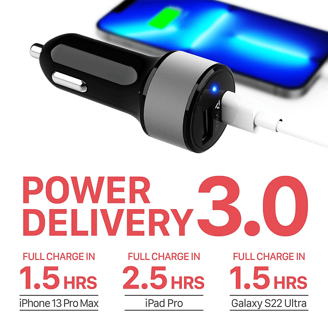 Vena Cargador de coche USB C de 30 W, entrega de energía 3.0