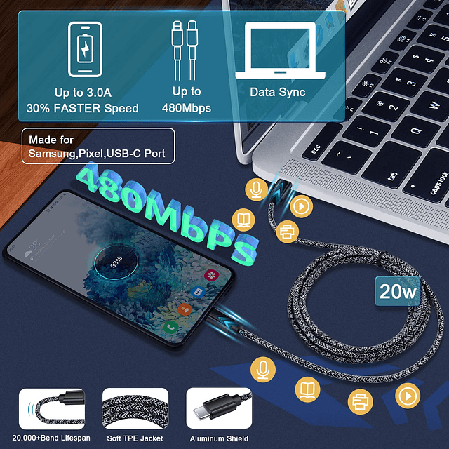 Cargador rápido USB C para Samsung A15, cable de carga de co