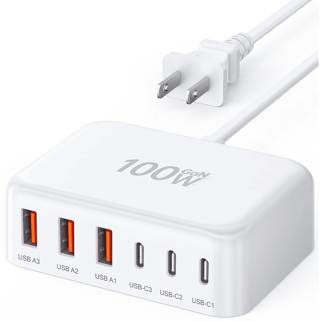 Cargador rápido USB C, 100 W GaN 6 puertos tipo USB C estaci