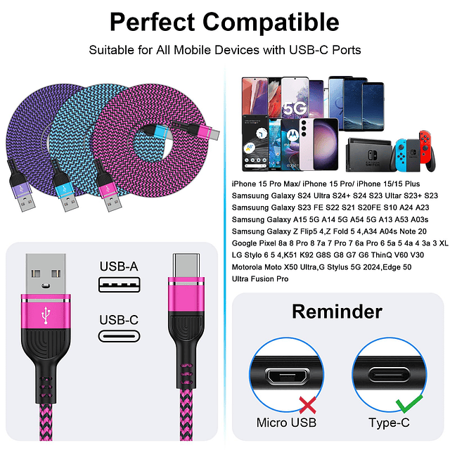 Cable USB a USB C de 6 pies/paquete de 3 para Samsung Galaxy