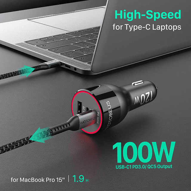 Adaptador de cargador de coche USB C de 120 W con pantalla L