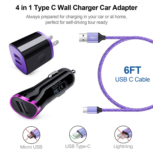 Cargador de coche tipo C, cargador de pared, cable USB C de