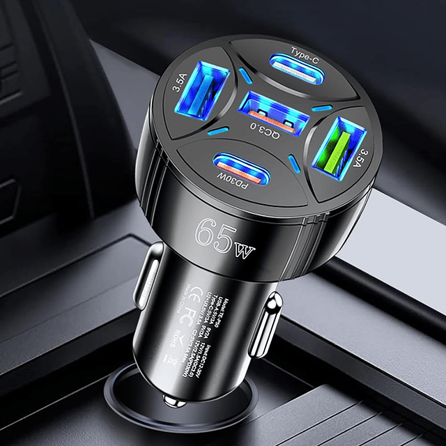 Adaptador USB para Cargador de Coche de 65 W y 5 Puertos, Ti