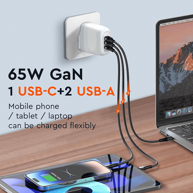 Cargador USB C de 65 W, cargador de pared GaN de 3 puertos,