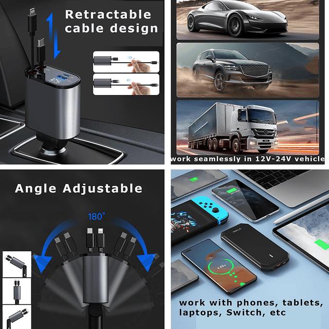 Cargador de coche retráctil, cargador de teléfono de coche d