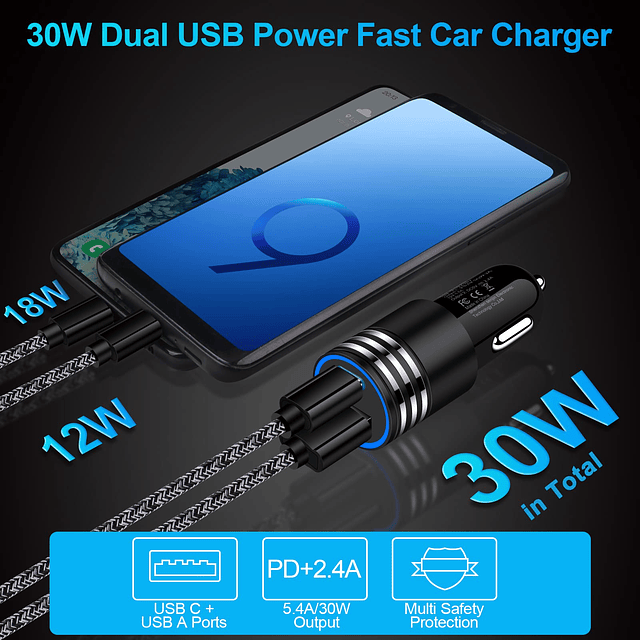 Cargador de coche USB C de 30 W, adaptador de coche tipo C d