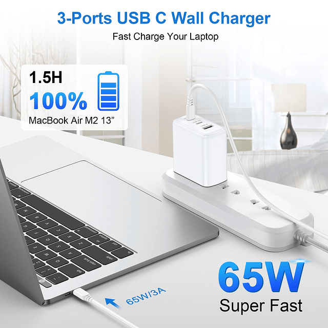 Adaptador de corriente de cargador de pared USB C, 65 W, 3 p