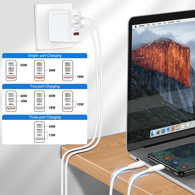 Adaptador de corriente de cargador de pared USB C, 65 W, 3 p