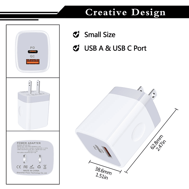 Adaptador de corriente USB C, paquete de 3, 20 W, 2 puertos