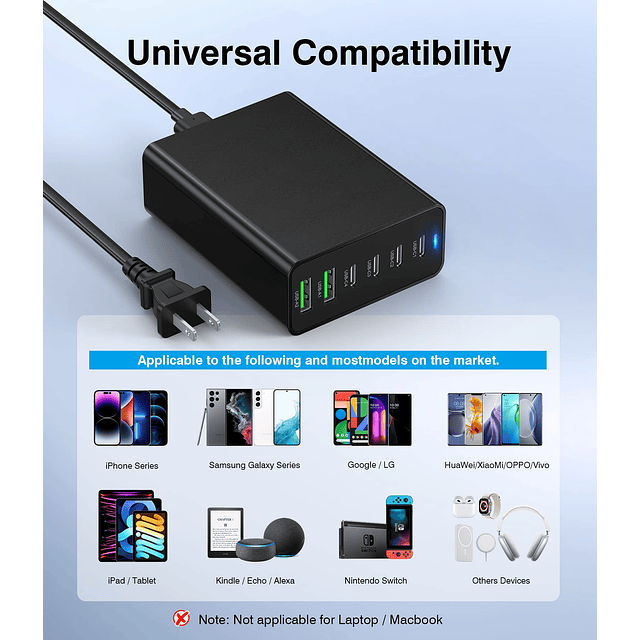 Cargador rápido USB C 100W GaN Estación de carga USB C compa