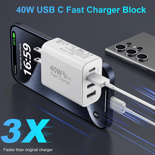 Cargador de pared USB C, paquete de 2 bloques de cargador rá