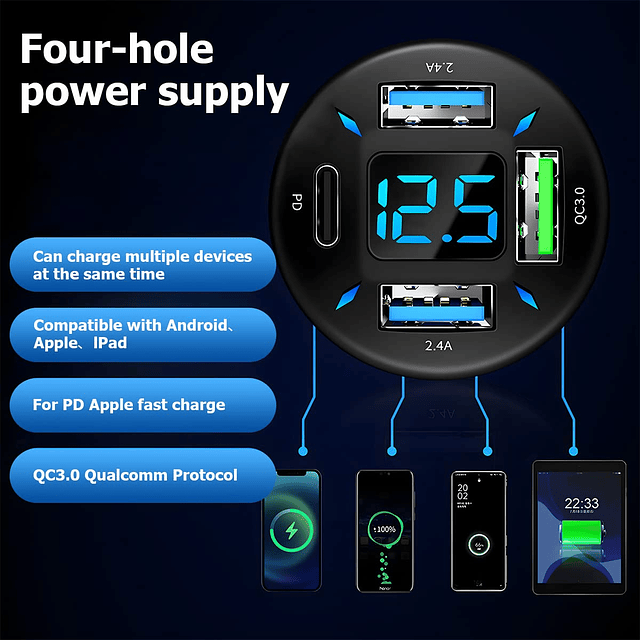 Adaptador de cargador de coche USB de 4 puertos, encendedor