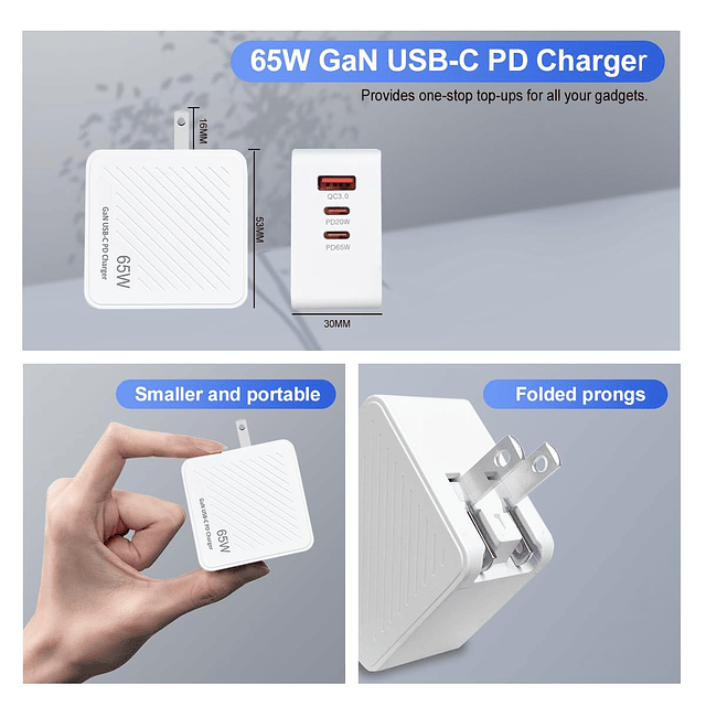 Bloque de cargador de pared USB C GaN de 65 W, bloque de car