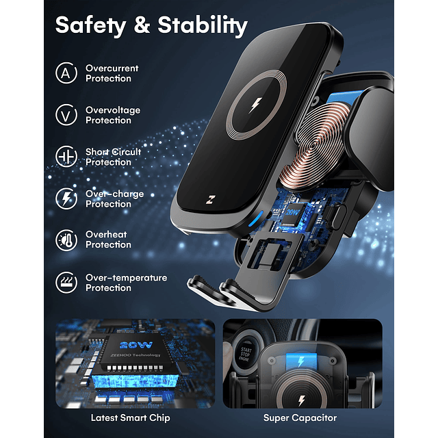 Cargador de coche inalámbrico, 20 W de carga rápida con suje