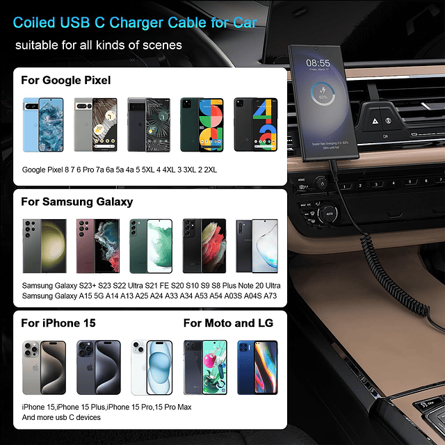 Cable en espiral para cargador de coche USB A a USB C para i