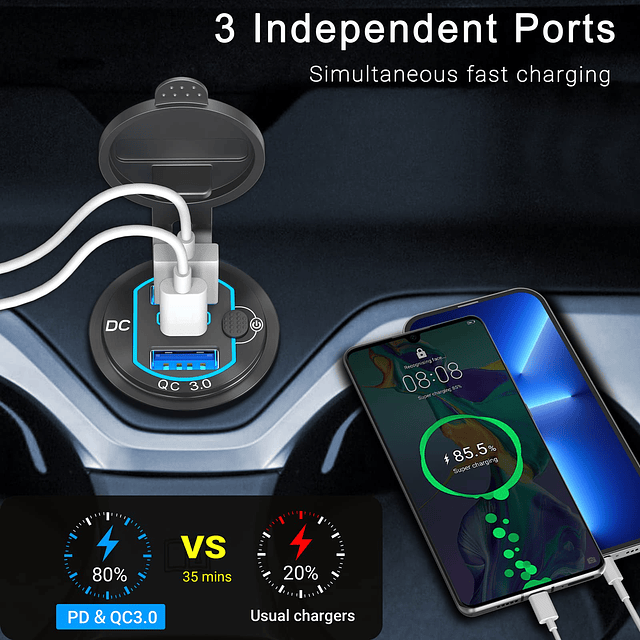 Puerto USB QC3.0 dual de aluminio de 66 W 12 V y cargador de