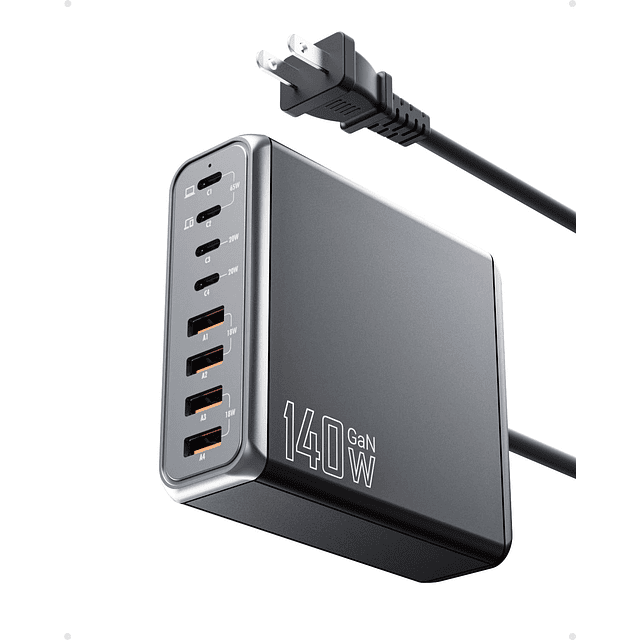 Cargador USB C de 140 W, cargador GaN de 8 puertos, estación