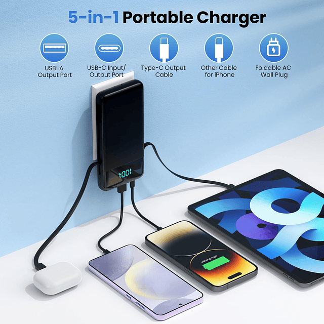 Cargador portátil para iPhone con cables integrados y enchuf