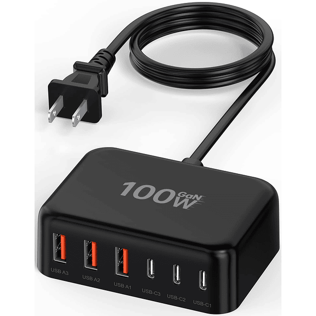 Bloque de cargador USB C, 100 W GaN 6 puertos PD USB C y QC