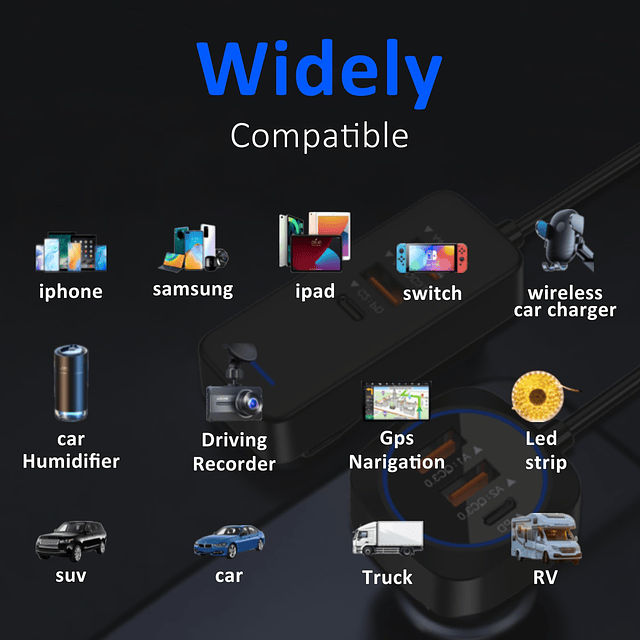 Cargador USB para automóvil con múltiples puertos con extens
