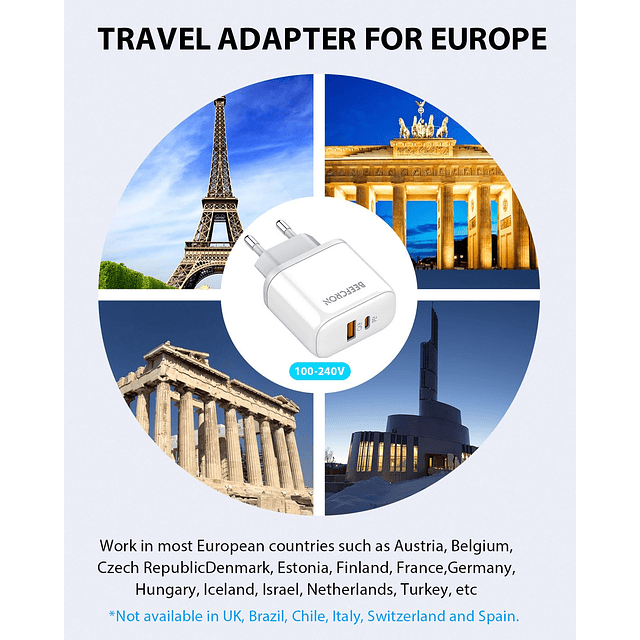 Cargador USB C europeo de 45 W, adaptador de enchufe de viaj