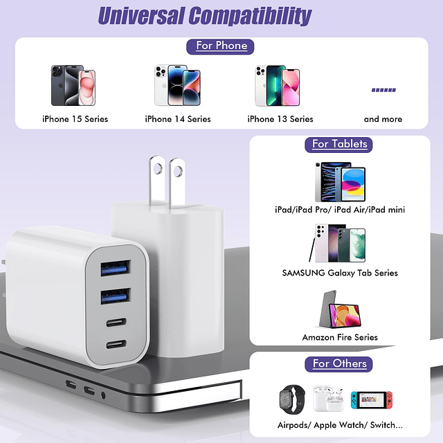 Bloque de carga rápida USB, adaptador de carga de 4 puertos