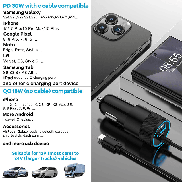 Cargador de coche rápido USB C de 48 W para Samsung Galaxy Z