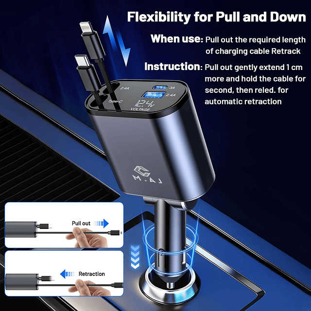 Cargador de coche retráctil, adaptador de carga rápida USB C