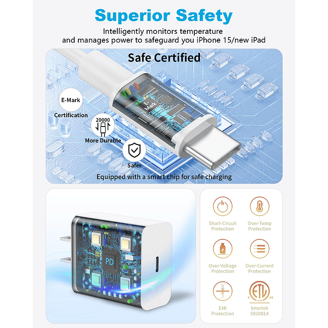 Cargador para iPhone 15/15 Pro Max de carga rápida, bloque d