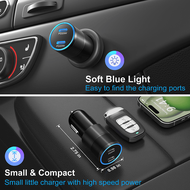 Cargador de coche USB C 40W, Cargador de coche de doble puer